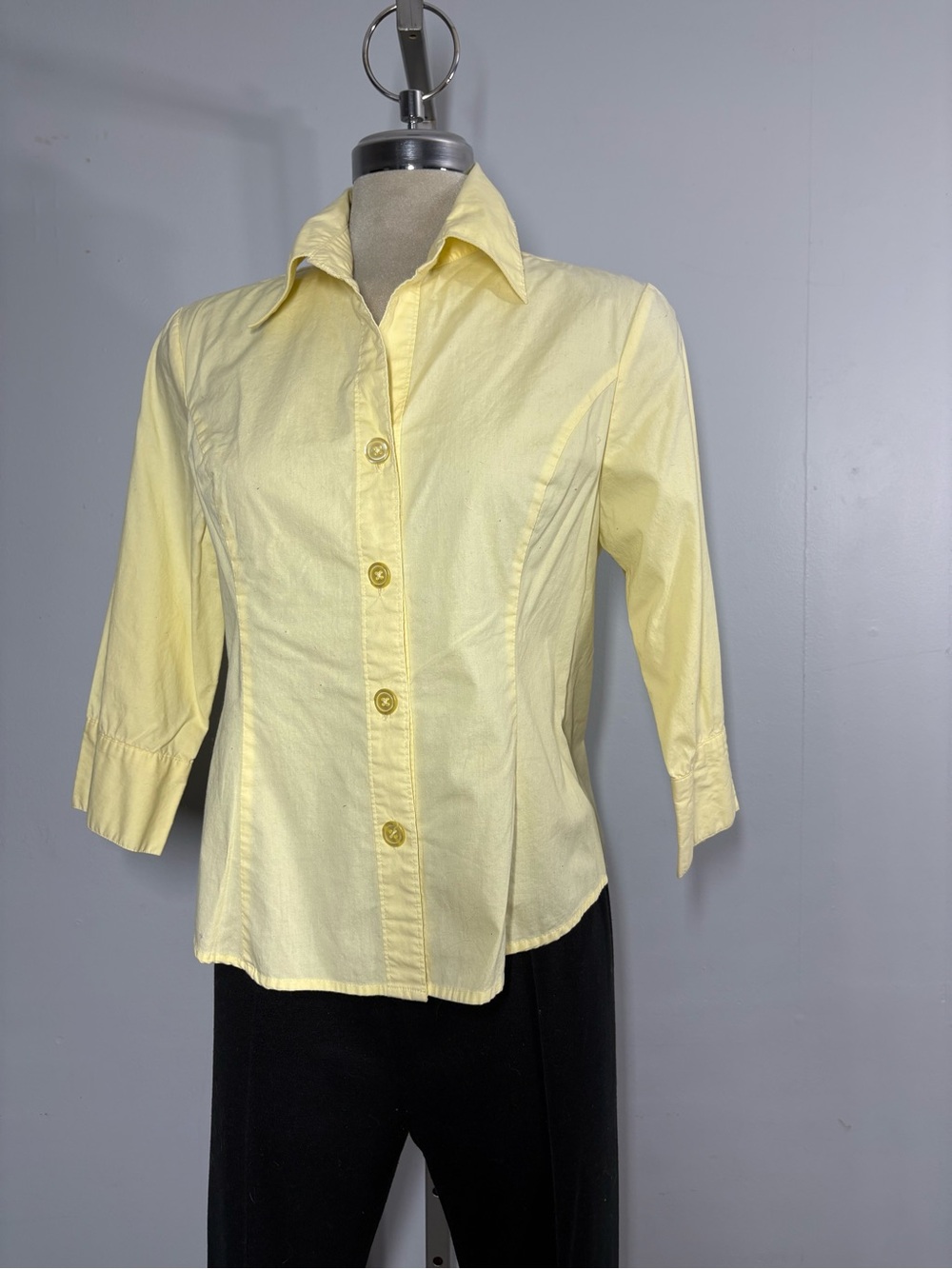 Women's Pale Yellow Button-Down Shirt with Three-Quarter Sleeves
